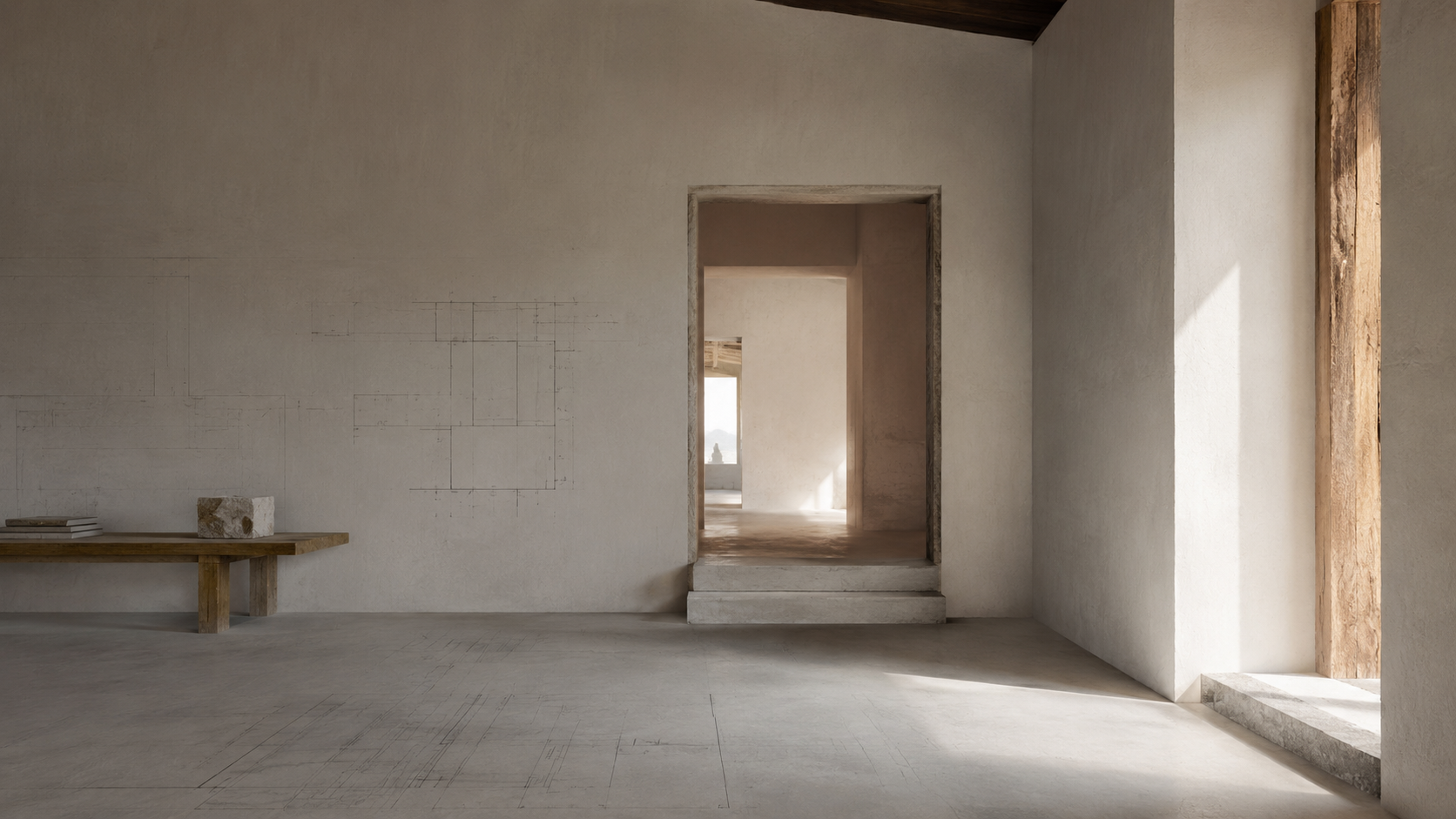 a bright architectural threshold with subtle floor-plan lines on the wall and floor
