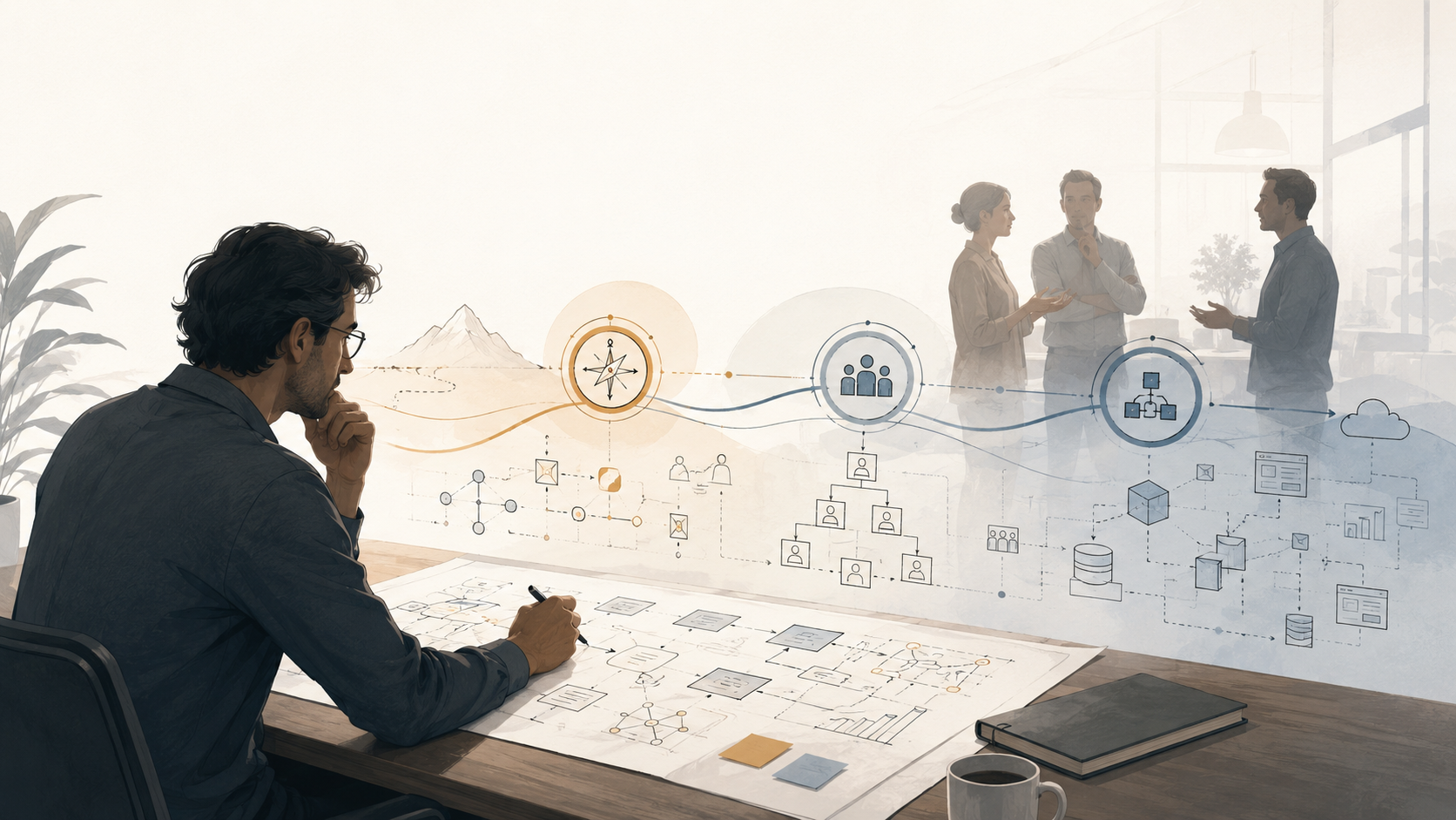 Enterprise architect sketches diagrams while conversations and connected structures between strategy, organization, and IT become visible.